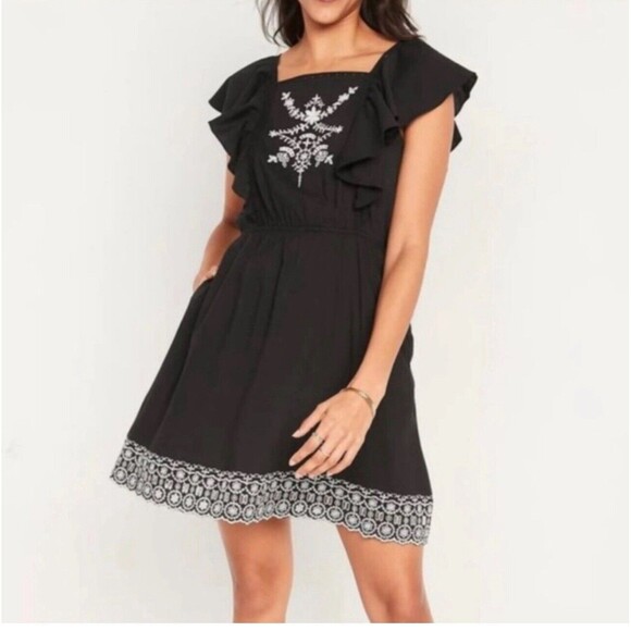 Old Navy Dress Women's Black Embroidered Flutter Sleeve Boho Chic Size 2X Plus - Picture 5 of 5
